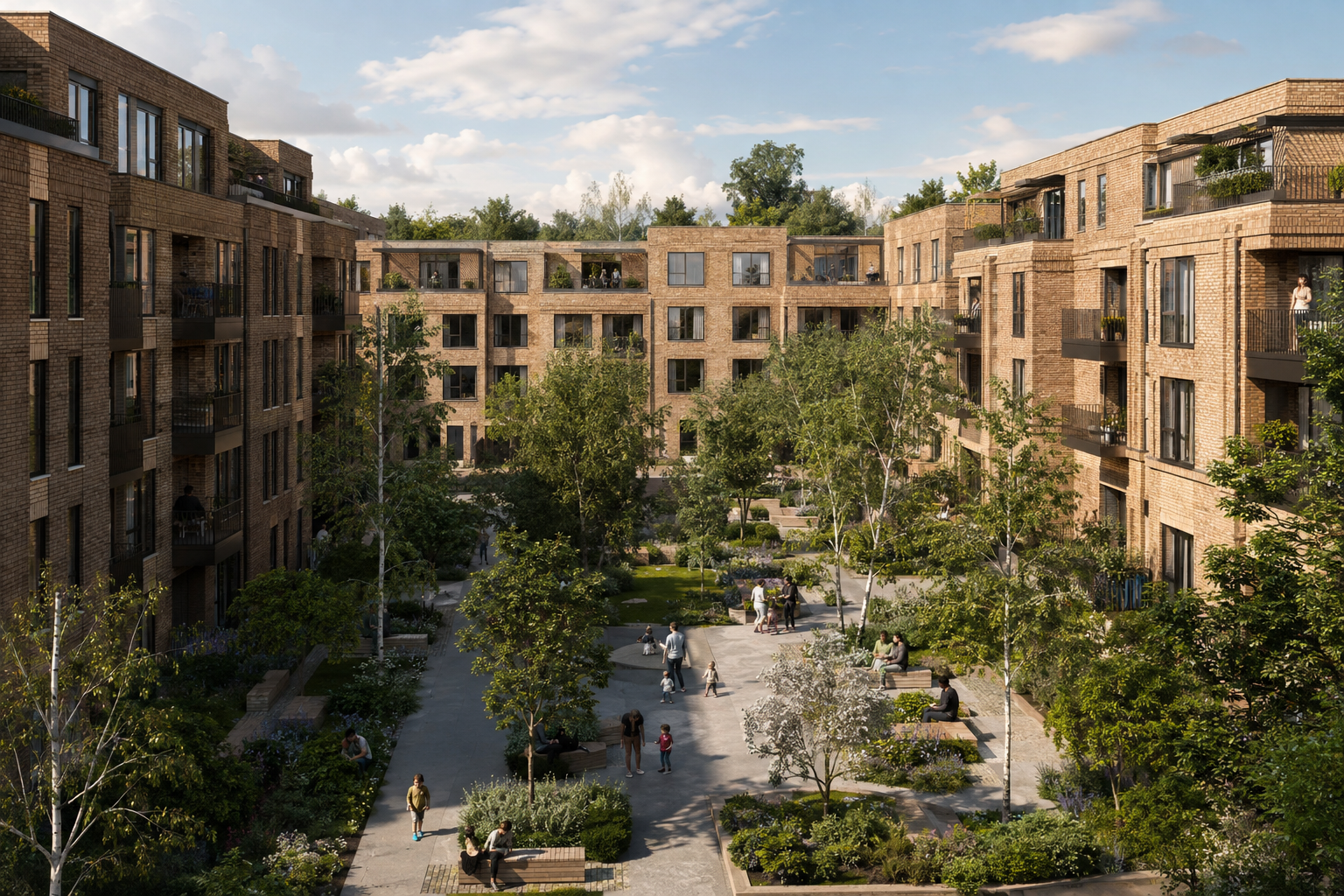Architectural concept of four-storey brick apartment buildings surrounding a planted shared courtyard with level pathways