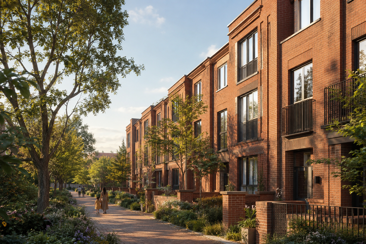 Architectural concept of contemporary brick homes beside a green, tree-lined pedestrian street